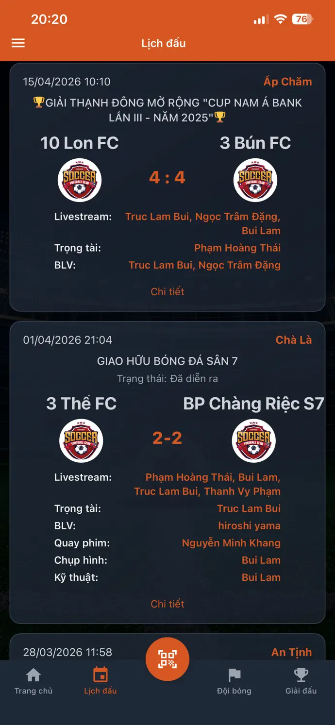 Danh sách lịch đấu trong ứng dụng